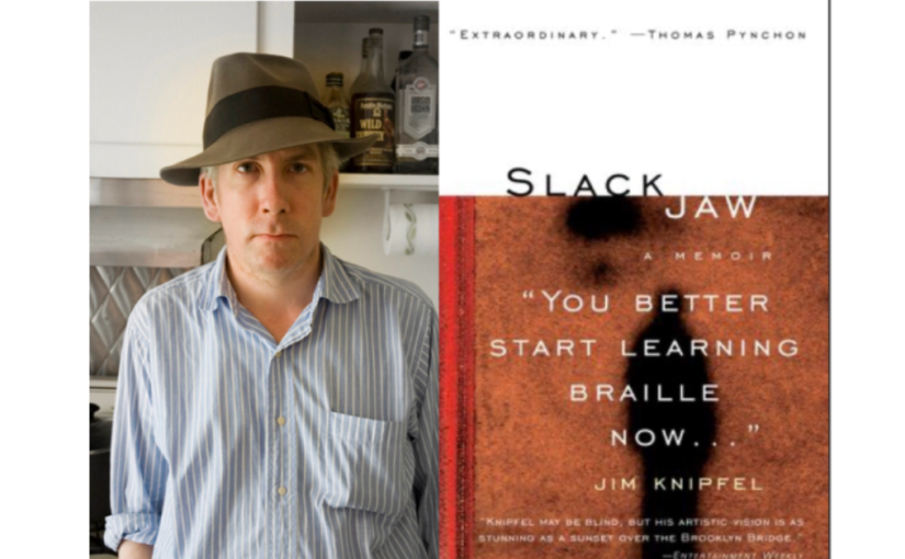 The cover of Slackjaw featuring a black silhouette of a person on a textured brown background next to a photograph of Jim Knipfel in his Brooklyn, New York apartment in 2006, Rachel Bradley & Luca Dipierro.
